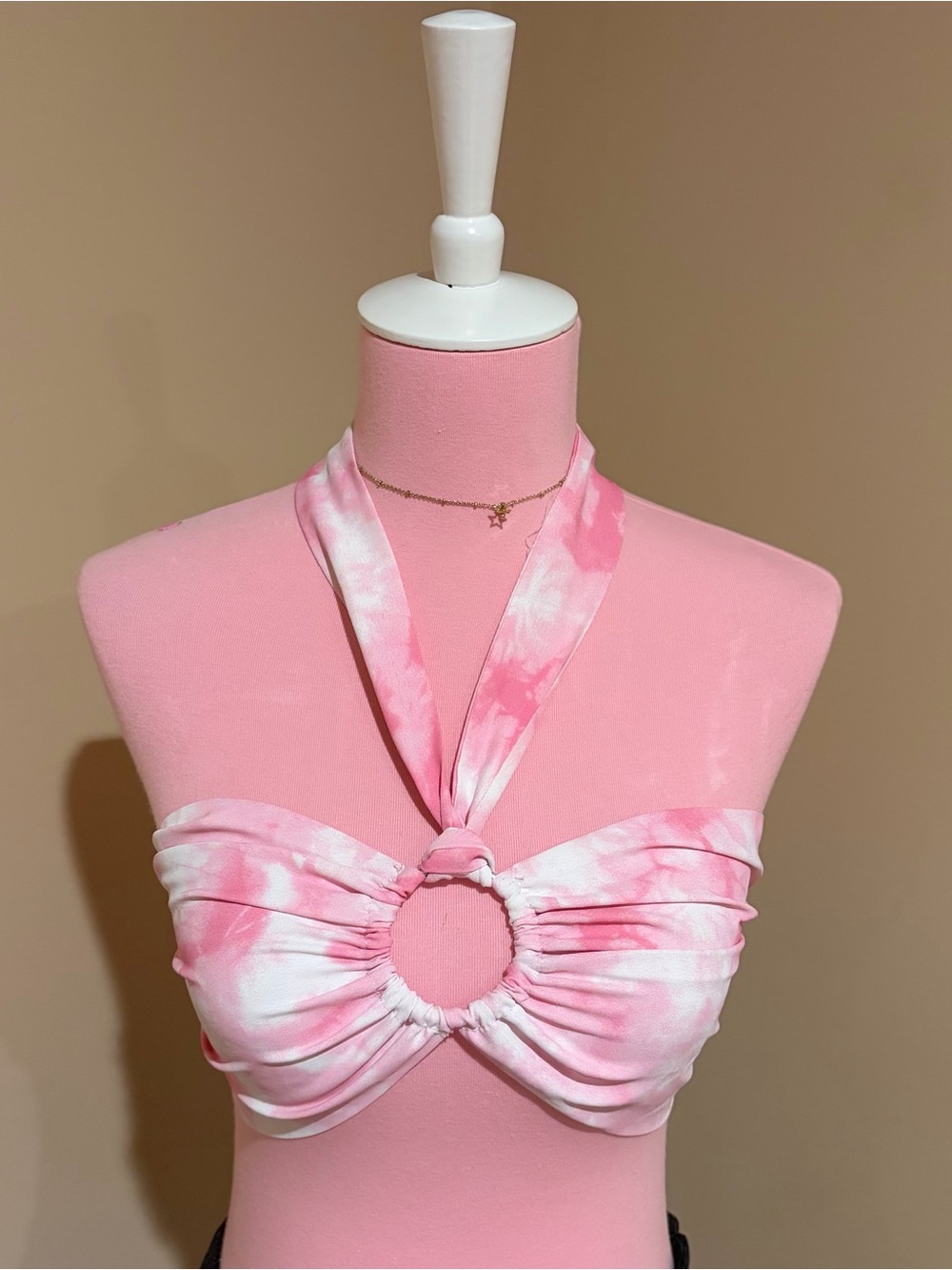 Topshop Pink and White Tie-Dye Halter Crop Top with Ring Detail
